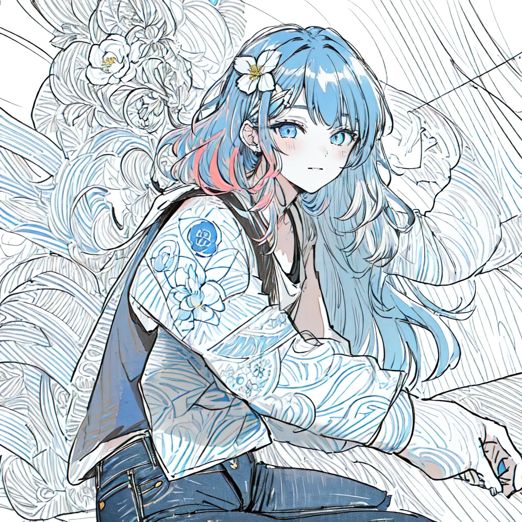  (lineart-style:1.3),watercolor:1.5,(masterpiece, best quality, ultra detailed, ultra high resolusion, highres,8k:1.4), BREAK,(from front:1.5), 20_years_old, 1giri grin, close up face,(tribal_tatoo:1.2),(wavy hairs),(messy hair),(asymmetry bangs),(multicolored hair), 
Tsurime Eyes, (((blue eyes))),
((flower hair ornament)),jeans,tanktop,