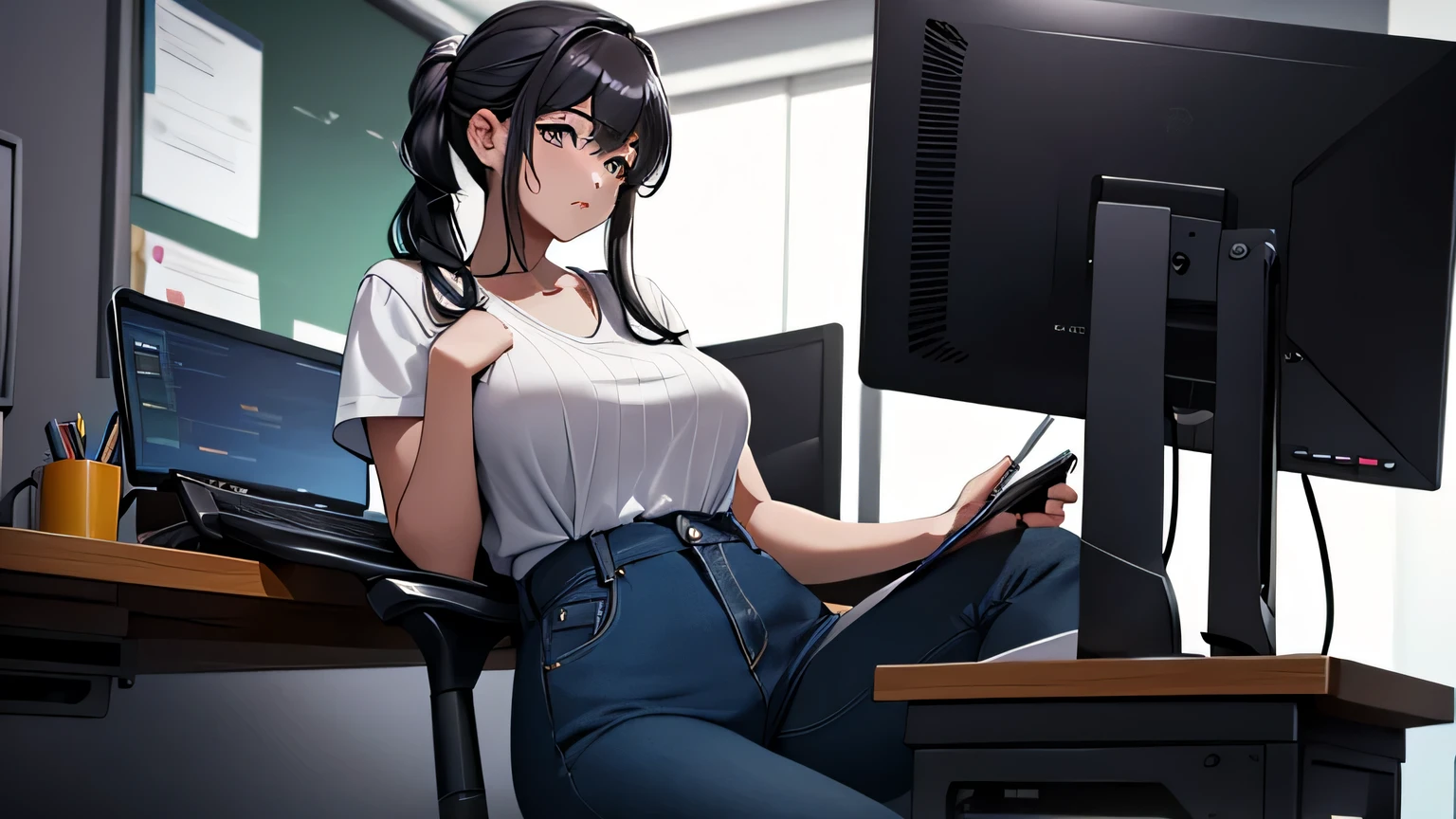 (8k, RAW foto, mejor calidad, (Obra maestra, super high quality, super detailed), anime style chica joven, Absoluto, detalles intrincados, Mujer arafed apoyada en un escritorio con tres pantallas de computadora., showing stock charts, En frente de una computadora, sentado en una computadora desk, mirando el monitor, sentado frente a la computadora, sentado en una computadora, Comercio, sentado en un escritorio, ((Proveedores, Comercio stocks,)) centrado en el centro, sentado en el escritorio, accurately portrayed