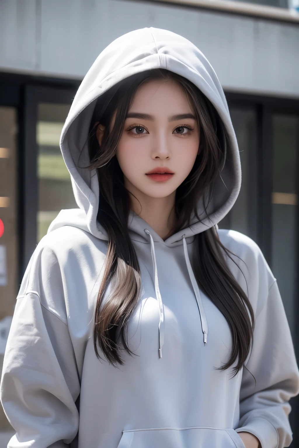 Girl, long silver hair, gray eyes, cold features, white skin, cherry lips, hoodie