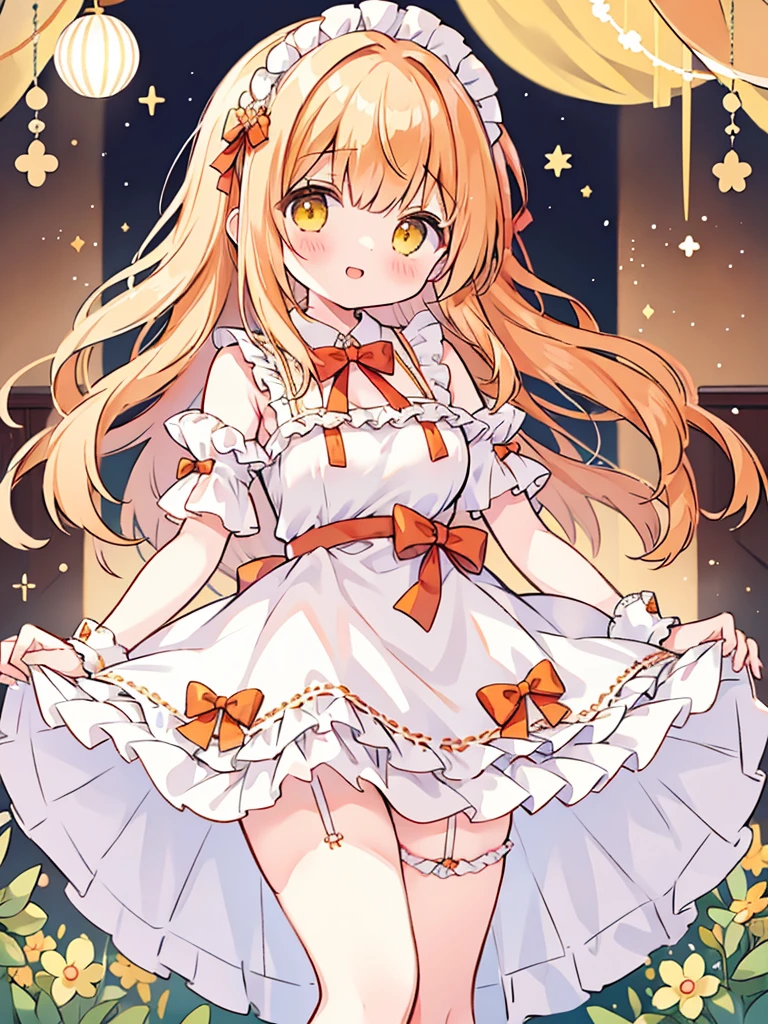 Girl、Curled hair、Cutting bangs、Yellow Eyes、Orange hair color、****ta Fashion、Frills、ボリュームのあるFrillsのスカート、Lots of ribbons、Short、cute、smile、fairy tale western style room、skirt lift、garter belt、Off the shoulder、topless、(show off breast)、Show off your breasts、(Nipples)、Leg spread、Pussy、(nsfw)