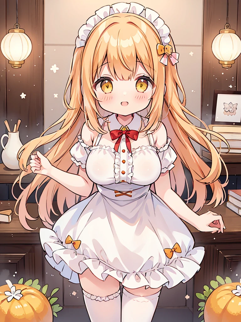 Girl、Curled hair、Cutting bangs、Yellow Eyes、Orange hair color、ta Fashion、Frills、ボリュームのあるFrillsのスカート、Lots of ribbons、Short、cute、smile、fairy tale western style room、skirt lift、garter belt、Off the shoulder、topless、(show off breast)、Show off your breasts、(Nipples)、Leg spread、Pussy、(nsfw)