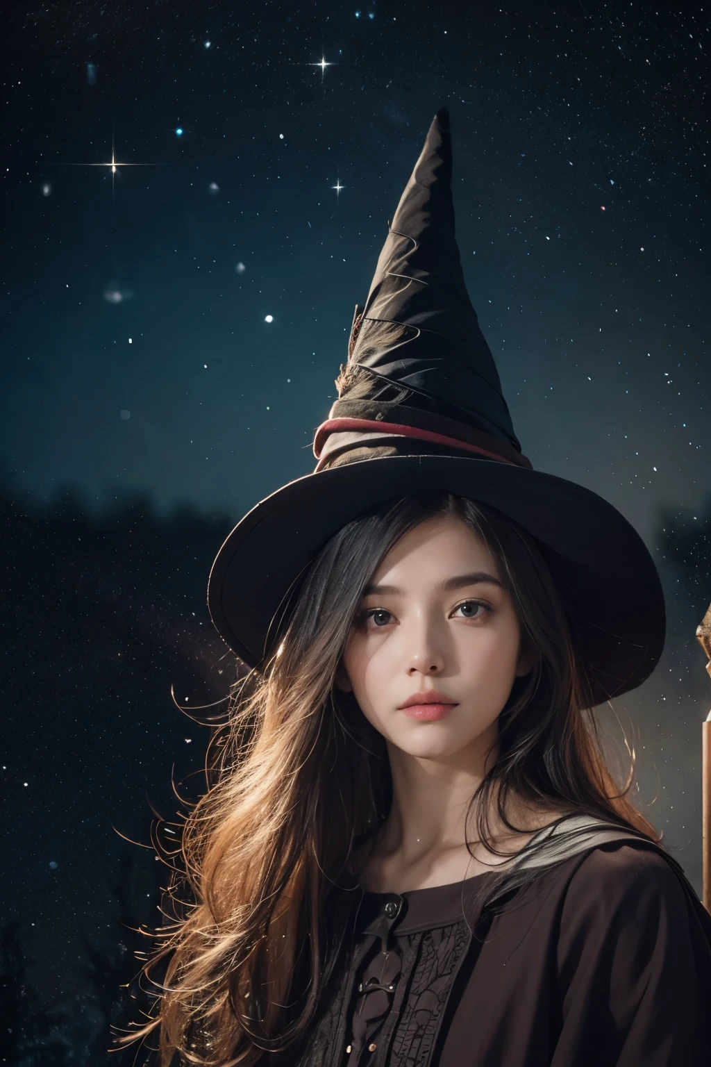Araped woman wearing wizard hat and wizard gown, No makeup , without makeup, portrait of a girl, Profile picture, Use Instagram Filters, Subtle soft and dim light, magic school, perfect face, julia sardinian, broomstick, night sky, Milky Way, 