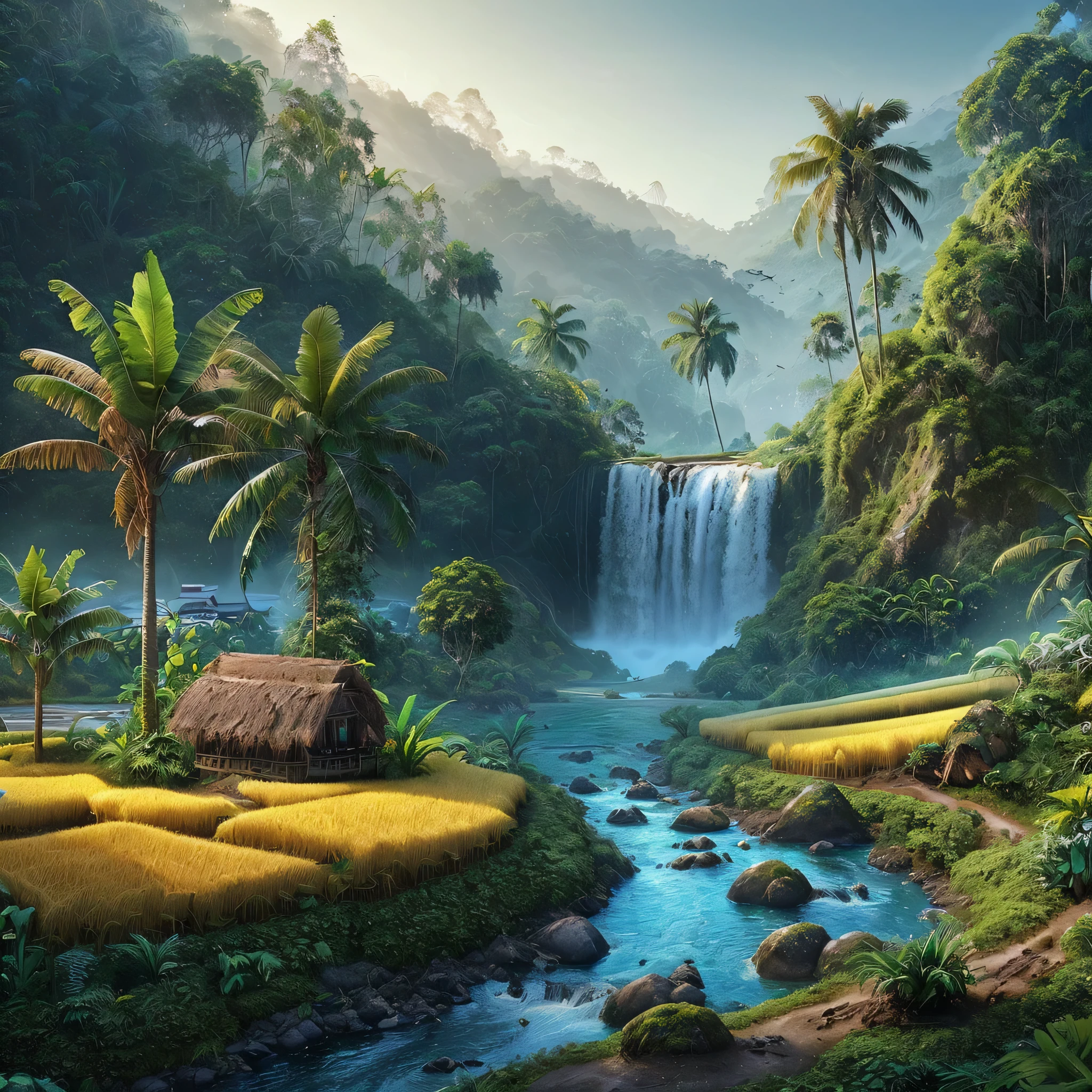 Create beautiful and enchanting hyperrealistic landscape images, coconut trees on the river bank, banana trees with partially dry leaves, fern trees. small waterfall flowing with clear blue water, surrounded by rocks and plants, dark forest, old huts in the middle of green and yellow rice fields, similar hills in the background
