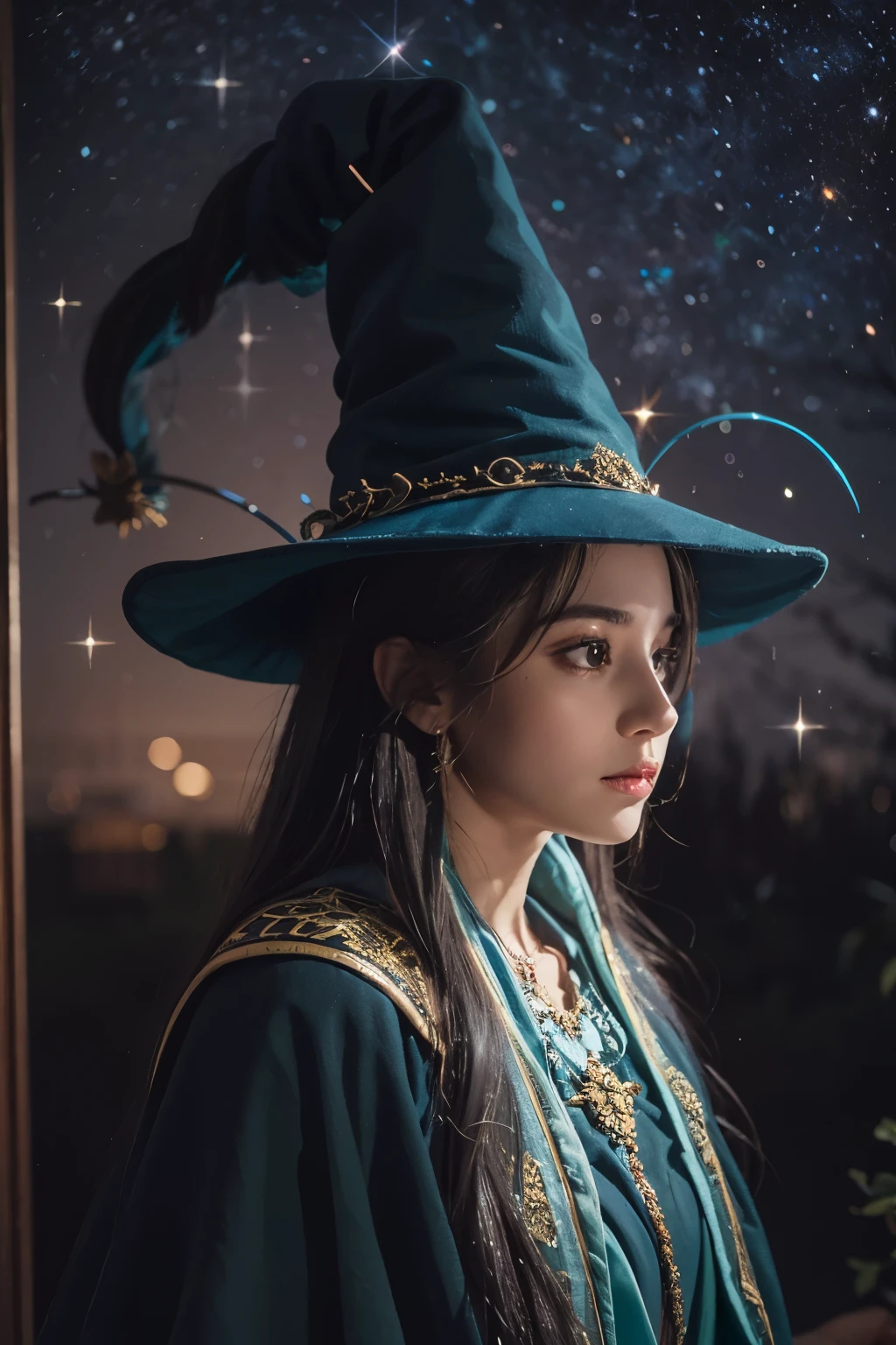 Araped woman wearing wizard hat and wizard gown, No makeup , without makeup, portrait of a girl, Profile picture, Use Instagram Filters, Subtle soft and dim light, magic school, perfect face, julia sardinian, broomstick, night sky, Milky Way,