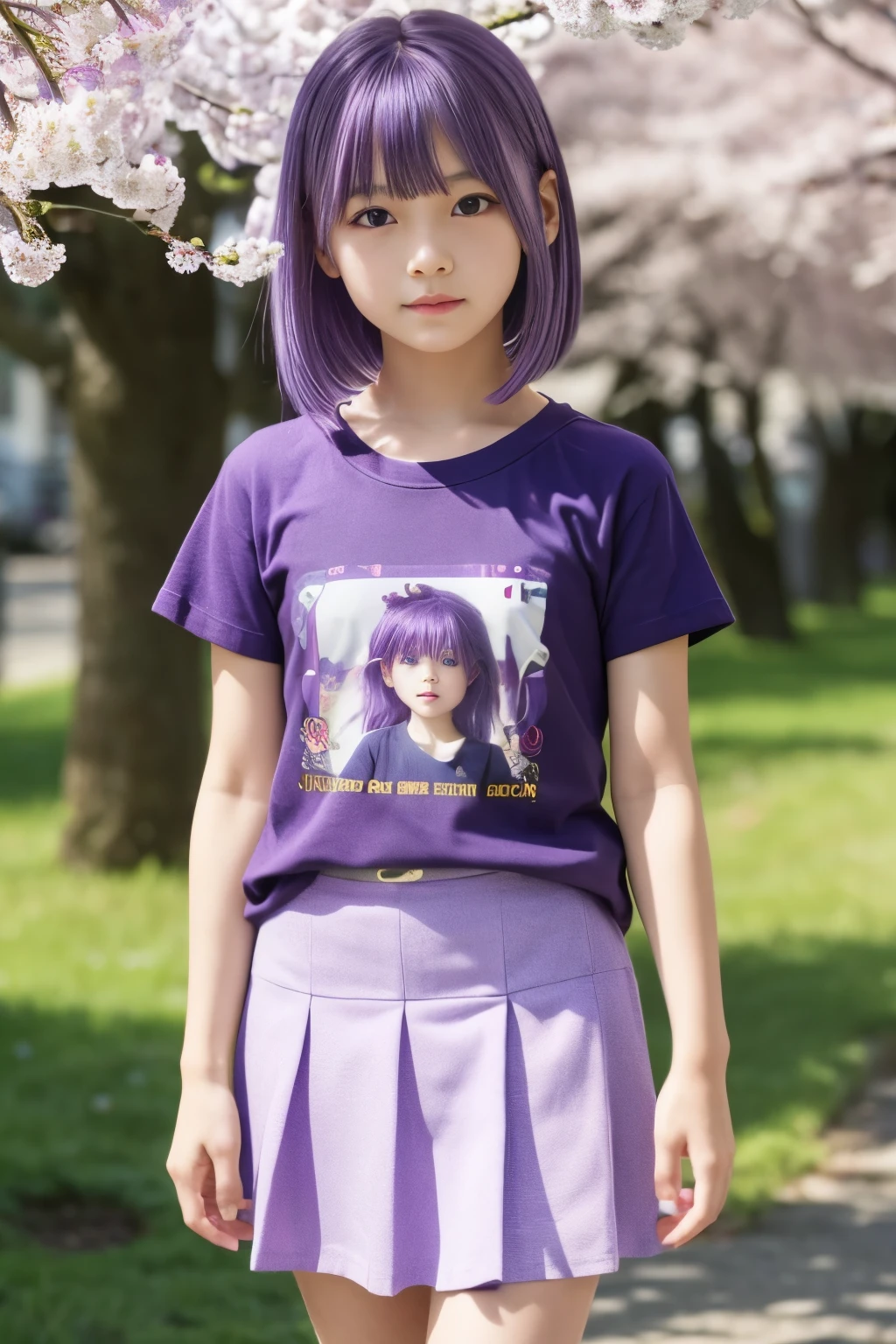 8k,masterpiece,Japanese,,from the front,Innocent face,calm eyes,Childish,T-Shirts,Short sleeve,Short skirt,semi-long,noon,bright,Cherry tree、(((Purple Hair)))