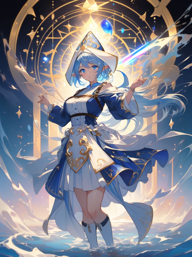 (8k, highest quality, masterpiece:1.2),\(Eye details\),\(Facial Features\),(\(Clothing Details\)\),(1 girl:1.3),(alone),whole body,(/sky blue hair:1.3/),(明るいblue eyes:1.2),Temple Water Witch,Fairy,Pointy Ears,priest.(big breasts:1.2),Narrow waist,[Round ass],Have,One Girl, Blue Hair, blue eyes, Elf Ears, wizard hat, White Dress, Cowboy Shot, highest quality,((highest quality)),((Tabletop)),((Perfect Face)),Detailed５Hand with two fingers,1 girl,(Background Blur), ((Holographic)),1 girl,milky way, (stripes of light), Impressive visuals, (Dynamic Streaks, Path of Light:1.2), Bright colors,whole body,Dynamic pose,full body,(masterpiece:1.2, highest quality),(Colored Background) (Beautiful fine details: 1.2), (非常にDetailed CG Unity 8k 壁紙, masterpiece, highest quality, Very detailed, Best Shadow), (Detailed背景),magic circle background,Offer a prayer,Water splashes dance
