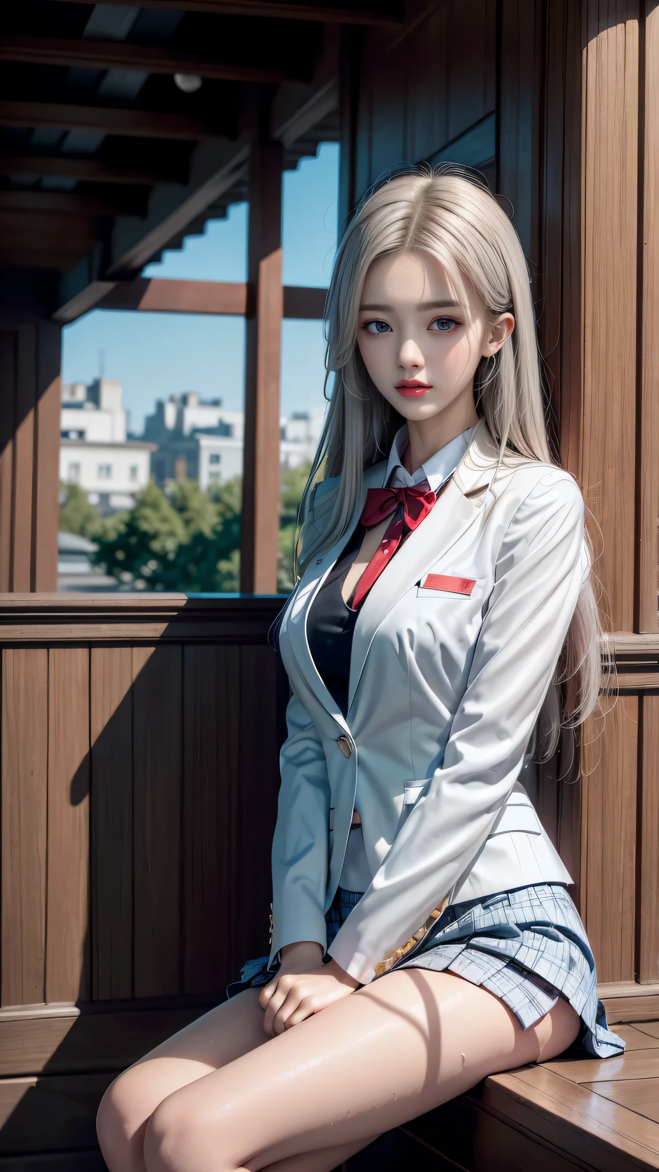 top quality work,Actual work,Ultra Premium Graphics,8K HD CG works,High quality graphics,High-definition CG works,10x pixels,Extremely fine detail:1.1,Advanced Technical Details:1.1 Photorealistic,(Girl sitting on the stairs)Natural light:1.5. Light effects(virtual Light effects:1.8),wet long silver hair,Silver Hair,Transparent Hair,Hair with attention to detail(premium hair detail:1.1)Clear Eyes,Beautiful double eyelids,Sharp eye makeup, Delicate eyelash makeup, Thin eyebrows, Highly detailed eyes,High nose, Nice red lips, Rose Cheeks, A face with delicate makeup , Cute face, perfectly balanced face,(Advanced Face Detail:1.1),Shiny,wonderful dress,bright red series,((Front open wet white blazer)) 、(translucent wet white blouse)、(Red bow tie)、(Wet Check Skirt)、、girl 、photo shoot,woman'artwork of,Full body portrait,realism,wonderful,My eyes are shining today、(8. She's Wet)),(Sudden rain、Wind),(My skirt flies up in the wind),(I can see your pants)、