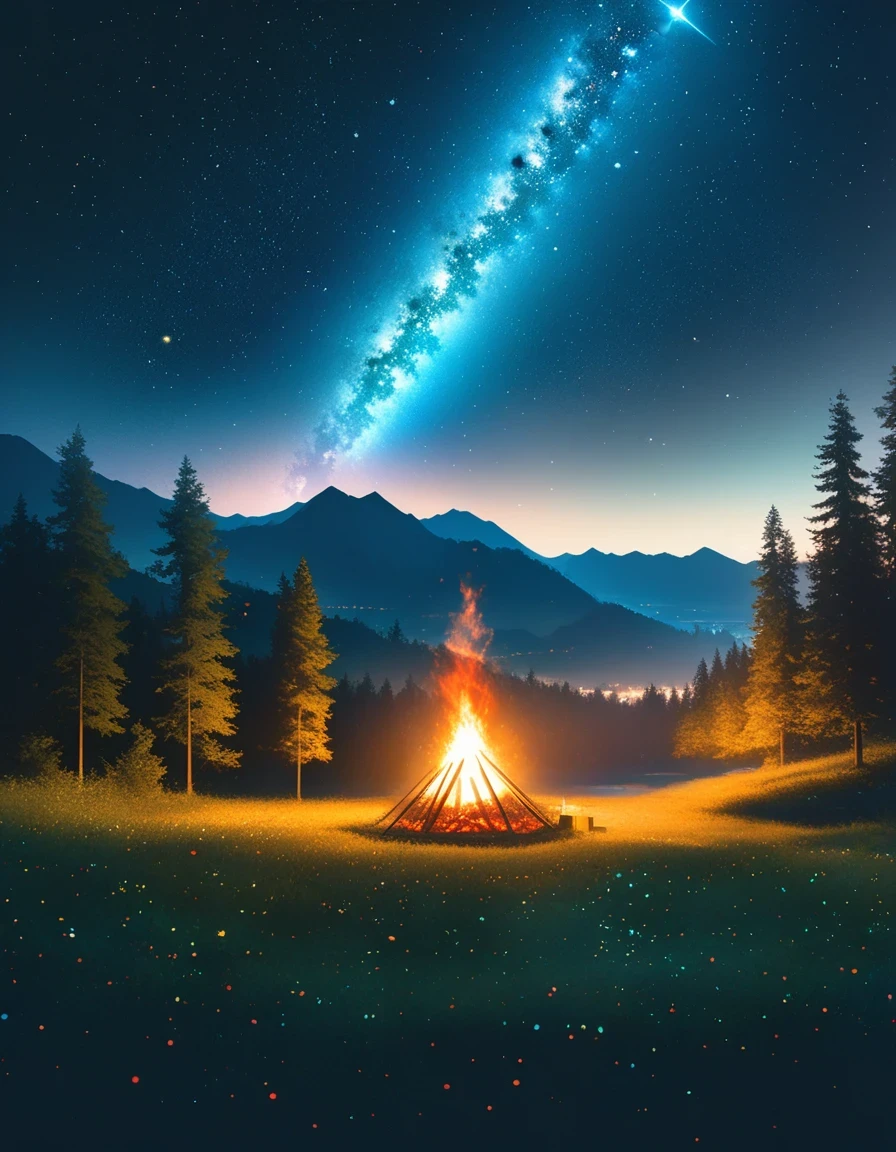 landscape, summer, night, forest, Bonfire in one place, double exposure,Starry Sky, High definition details, Ultra Detailed, Movie, Surrealism, Soft Light, deep focus bokeh, Ray Tracing, Surrealism. , Art Station Pixiv Gees, author：Xin Haicheng, Art sprouts