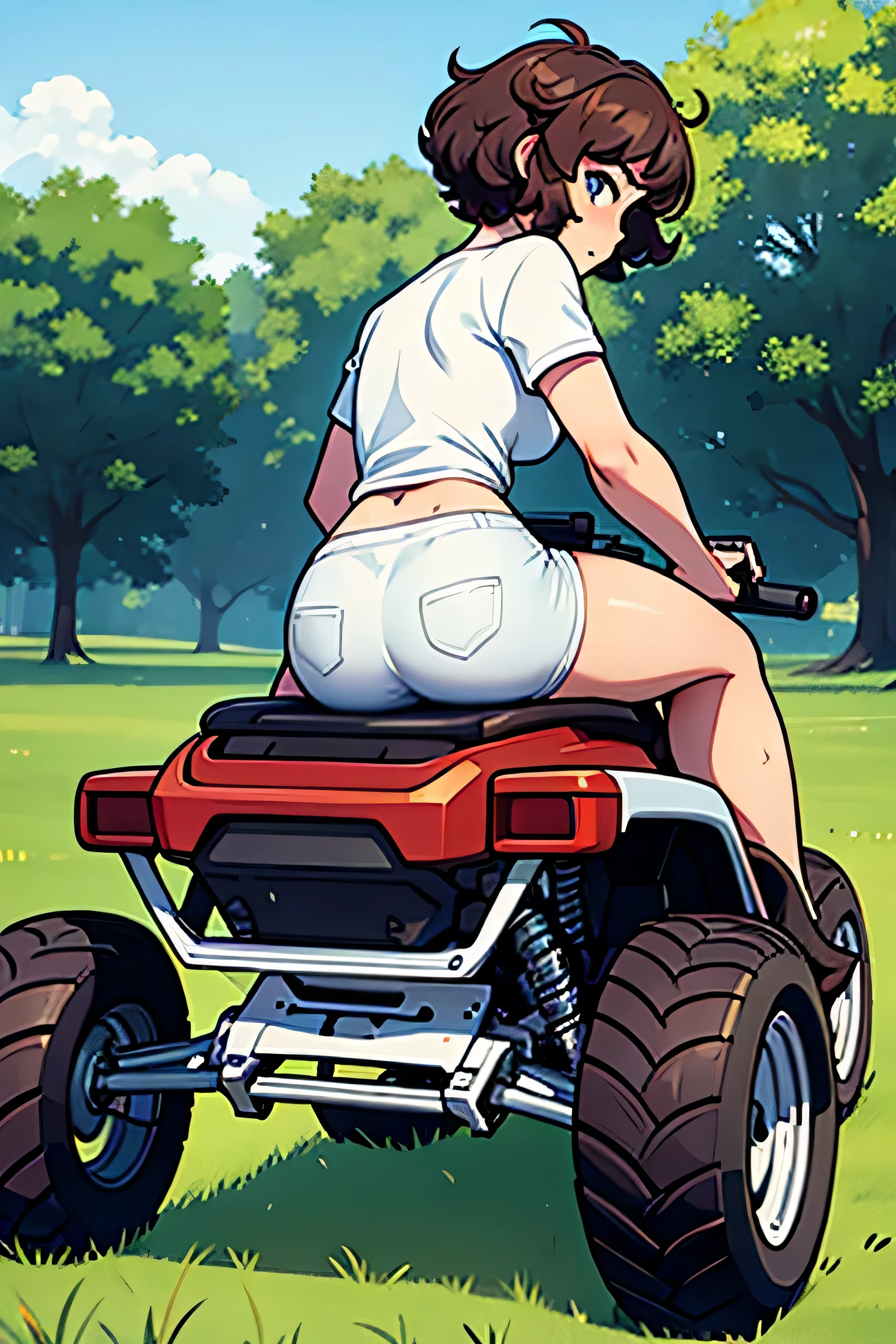 one girl short curly hair white t shirt sit on a quad from behind full body full quad