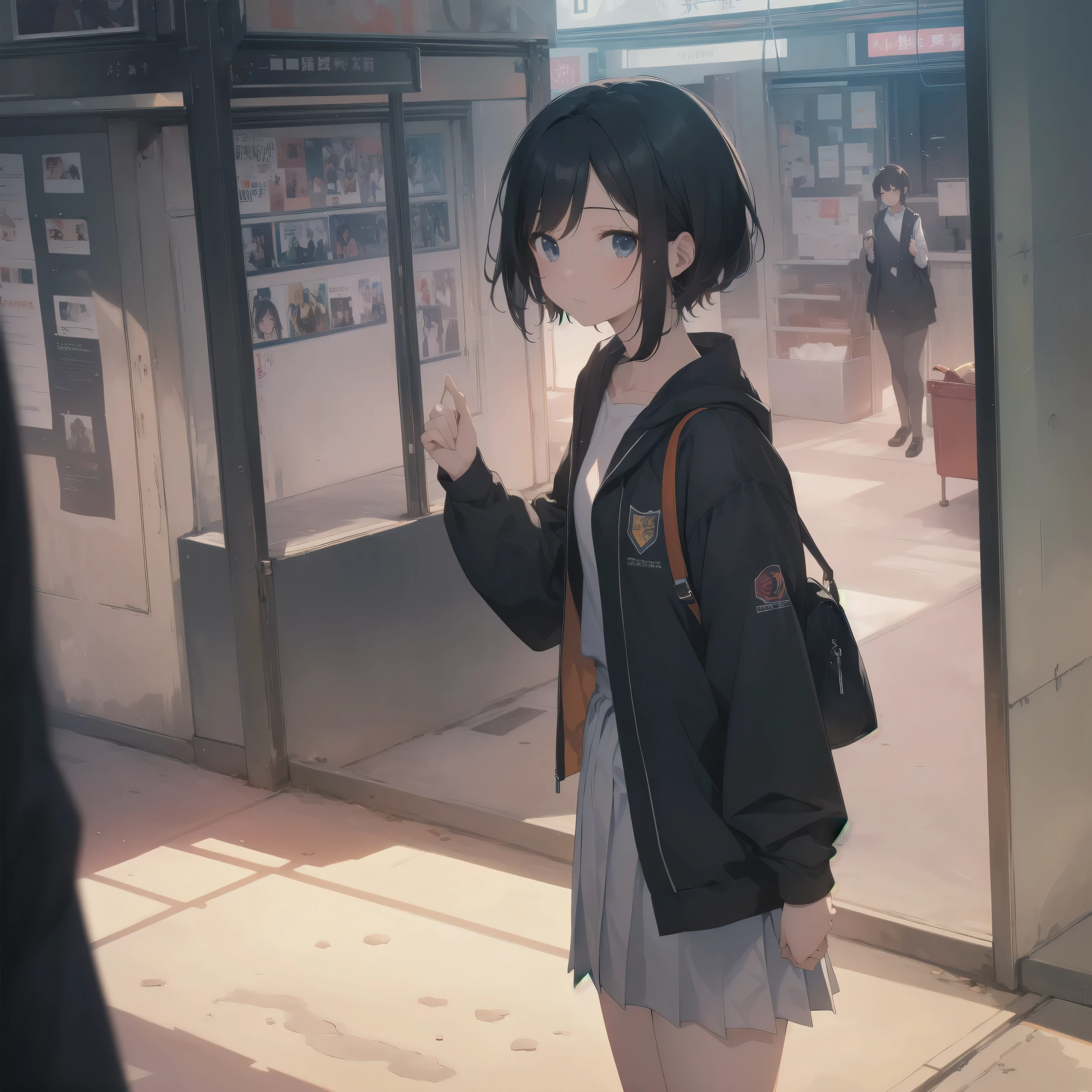 ultra-absurdres-Top quality by artist God, ultra-detailed, high resolution, anime moe artstyle, best anime 8k konachan wallpaper, pixiv contest winner,pool:2810, perfect anatomy,break, 1girl, (Please draw a girl walking sleepily to school alone. )break,(Solo,little female, 13-year-old:1.3),Full limbs, complete fingers,a junior high school student, (very short hair), short cut, flat chest, , small butt, small black eyes, beautiful detailed eyes, well-proportioned iris and pupils, expressive eyes, highres detailed hair, soft expression, school_uniform, official_alternate_costume, pleated skirt,(Detailed Lighting), (Detailed background), in the School commute route. break,super detailed skin, Best cinematic lighting powered by famous artist, 8k,beauty illustration,photoshop_(medium),very aesthetic,break,((artist:a1_(initial-g) )), artist:akinashi yuu ,artist:oyari ashito ,artist:kantoku ,