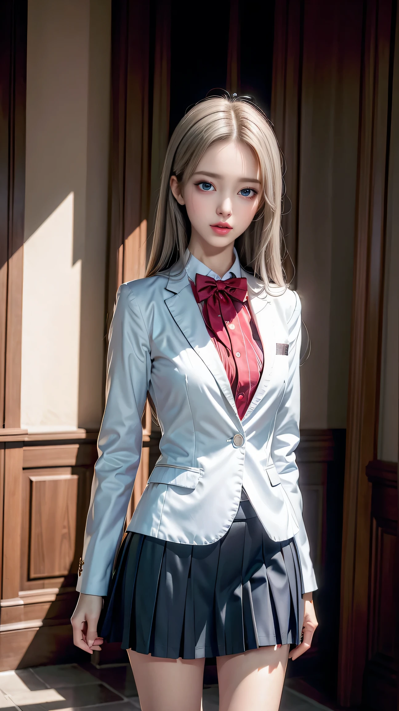 top quality work,Actual work,Ultra Premium Graphics,8K HD CG works,High quality graphics,High-definition CG works,10x pixels,Extremely fine detail:1.1,Advanced Technical Details:1.1 Photorealistic,Indoor lighting effects:1.5,Natural light:1.5. Light effects(virtual Light effects:1.8),超A high resolution,shiny red dress,長いSilver Hair,Silver Hair,Transparent Hair,Hair with attention to detail(premium hair detail:1.1)Clear Eyes,Beautiful double eyelids,Sharp eye makeup, Delicate eyelash makeup, Thin eyebrows, Highly detailed eyes,High nose, Nice red lips, Rose Cheeks, A face with delicate makeup , Cute face, perfectly balanced face,(Advanced Face Detail:1.1),Shiny,wonderful dress,bright red series,(White Blazer) 、(White blouse)、(Red bow tie)、(Check skirt)、、girl 、photo shoot,woman'artwork of,Full body portrait,realism,wonderful,My eyes are shining today,Girl sitting with her legs crossed、