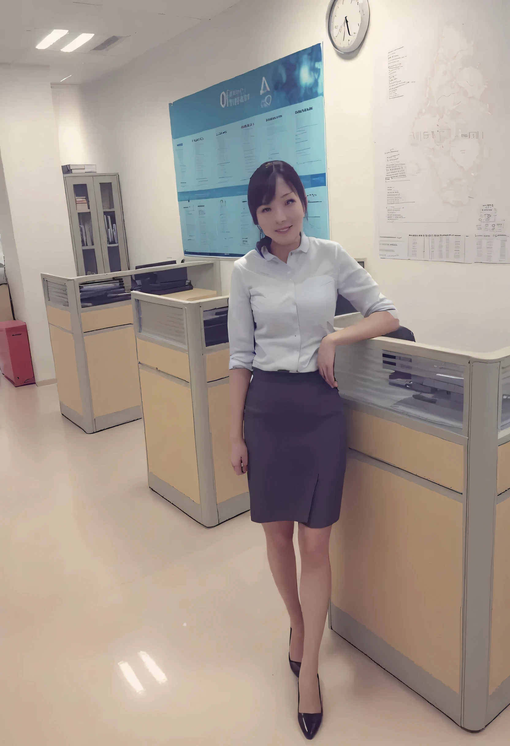 A woman stands in a room with a desk, in office, Professional Profile Picture, Office Clothing, One hand on the table