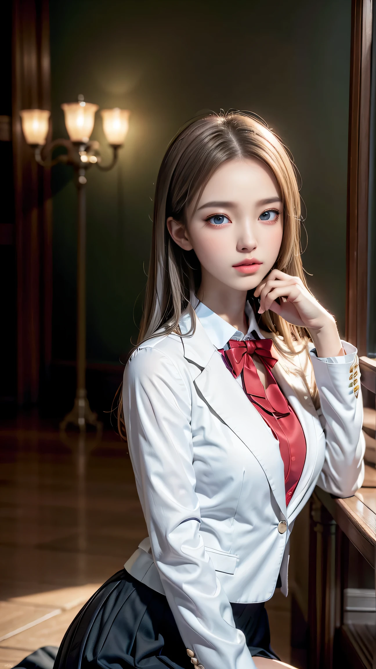 최고 품질의 Work，actual work，Ultra-premium graphics，8K HD CG 작동，High-quality graphics，고화질 CG Work，10x Pixel，very fine details：1.1，Advanced technical details：1.1 realistic，(階段に足を組んで座っているgirl)natural light：1.5. lighting effects（virtual lighting effects：1.8），濡れた長いsilver hair，silver hair，transparent hair，Hair that pays attention to detail（Premium hair details：1.1）clear eyes，Your double eyelids are pretty，Sharp eye makeup, Delicate eyelash makeup, thin eyebrows, very detailed eyes，high nose, I like red lips, Rose cheeks, A face with delicate makeup , Cute face, perfectly balanced face,（Advanced facial details：1.1），shining，very coolドレス，bright red series，((front open wet white blazer)) 、(Translucent wet white blouse)、(red bowtie)、(wet check skirt)、、girl 、Photo shoot，female&#39;Work，full body portrait，realism，very cool，My eyes are sparkling again today、(8. she&#39;It&#39;s wet)),(sudden rain、wind),(windでスカートが舞い上がる),(I can see your pants)、