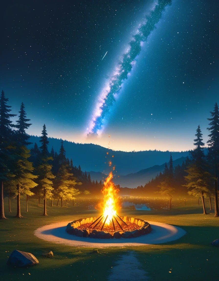landscape, summer, night, forest, Bonfire in one place, unmanned, unmanned, Starry Sky, High definition details, Ultra Detailed, Movie, Surrealism, Soft Light, deep focus bokeh, Ray Tracing, Surrealism. , Art Station Pixiv Gees, author:Xin Haicheng, Art sprouts