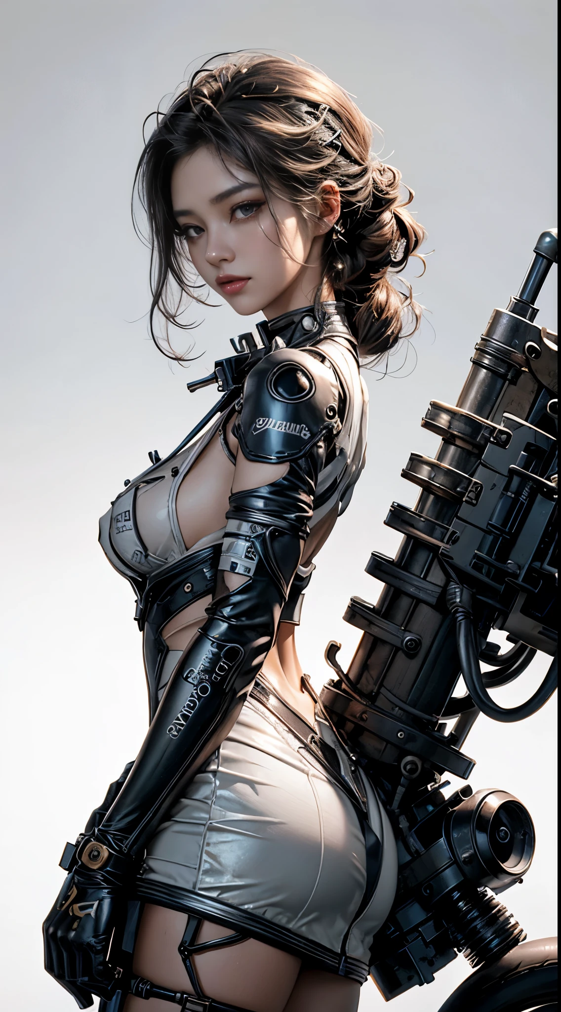 （tmasterpiece，top Quority，best qualtiy，offcial art，Beauty and aesthetics：1.2），（1girll：1.3），Extremely detailed，plethora of colors，Most detailed（（ultra - detailed）），（highly detailed CGillustration），（（Very fine and beautiful），（From the side Side），cinematic lighitnglamplight，（（1 mechanical girl）），solo person，full bodyesbian，（Machine-made joints：1.2），（（Mechanical limb）），（Blood vessel attached to tube）， （Mechanical vertebrae are attached to the back），（（The mechanical cervical vertebrae are attached to the neck）），（sitted），face expressionless，（Wires and cables are attached to the neck：1.2），（Wires and cables on the head：1.2）（Character focus），Science fiction，White background，（ta costume：1.5）Swollen breasts，crisp breasts，Breasts during lactation，Lactation，Tender white skin，squeezing breasts，A sagging breast，(Top 3D rendering technology:1.3)，(Realistic metal and leather reflections)，Realistic ray tracing effect，