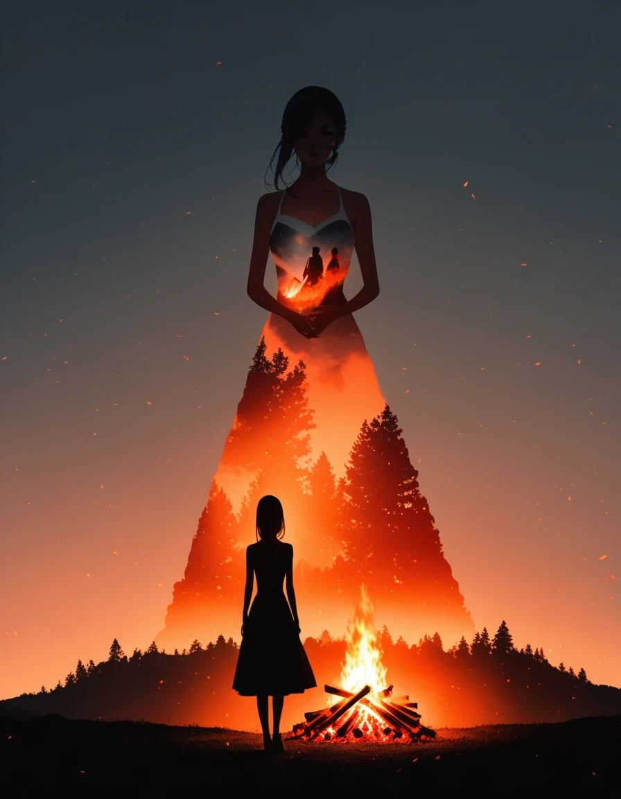 Beautiful dancer's slender shadow on the ground,double exposure,Solitary,bonfire,bonfire,Persistence and giving up