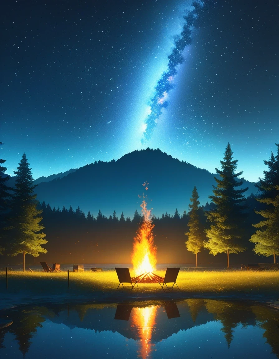 landscape, summer, night, forest, Bonfire in one place, unmanned, unmanned, Starry Sky, High definition details, Ultra Detailed, Movie, Surrealism, Soft Light, deep focus bokeh, Ray Tracing, Surrealism. , Art Station Pixiv Gees, author:Xin Haicheng, Art sprouts