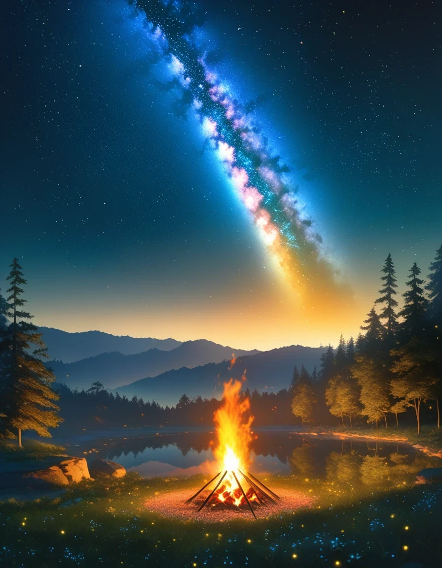 landscape, summer, night, forest, Bonfire in one place, unmanned, unmanned, Starry Sky, High definition details, Ultra Detailed, Movie, Surrealism, Soft Light, deep focus bokeh, Ray Tracing, Surrealism. , Art Station Pixiv Gees, author:Xin Haicheng, Art sprouts