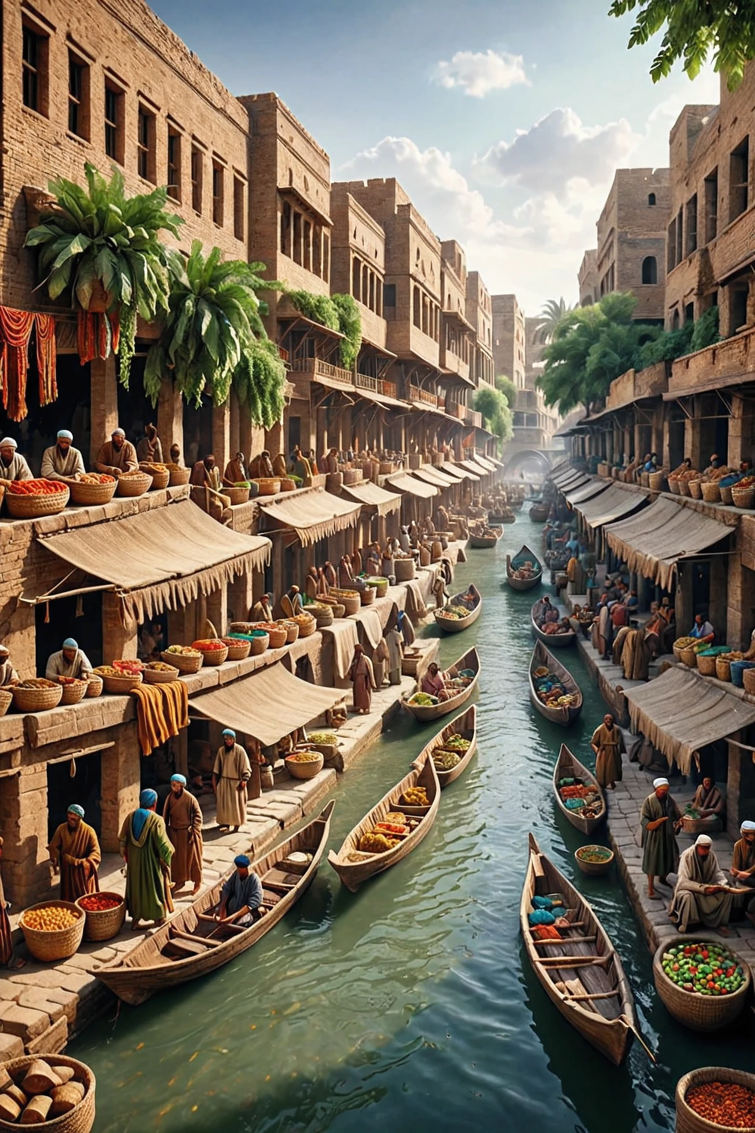 Visualize an ancient scene depicting the start of human civilization. The image shows a bustling ancient market in Mesopotamia, with clay brick buildings, merchants selling colorful fabrics, and people of various ethnicities bartering goods. A river flows gently in the background, symbolizing the Tigris and Euphrates rivers, with lush greenery surrounding the marketplace, It is A breathtaking, cinematic 8k Illustration.