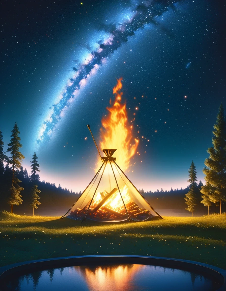 landscape, summer, night, forest, Bonfire in one place, unmanned, unmanned, Starry Sky, High definition details, Ultra Detailed, Movie, Surrealism, Soft Light, deep focus bokeh, Ray Tracing, Surrealism. , Art Station Pixiv Gees, author:Xin Haicheng, Art sprouts