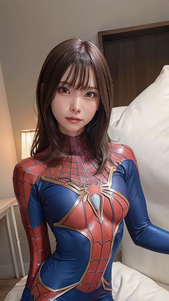 Detailed defined body of a beautiful woman with spiderman cosplay, Small breasts,Natural Photography