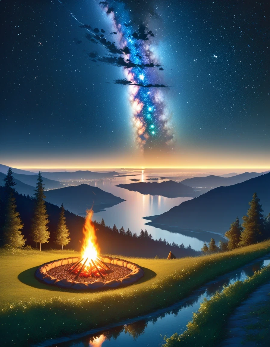 landscape, summer, night, forest, Bonfire in one place, unmanned, unmanned, Starry Sky, High definition details, Ultra Detailed, Movie, Surrealism, Soft Light, deep focus bokeh, Ray Tracing, Surrealism. , Art Station Pixiv Gees, author:Xin Haicheng, Art sprouts