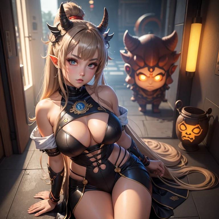 oni girl, anime style, Oni mask, goddess of the solar system, Jupiter, fan, high detail, ocher, silver, brown, beige stripes, neon, cyberpunk, huge glowing eyes, brown hair, hyper-detailed facial features, full-length, curvy bust,