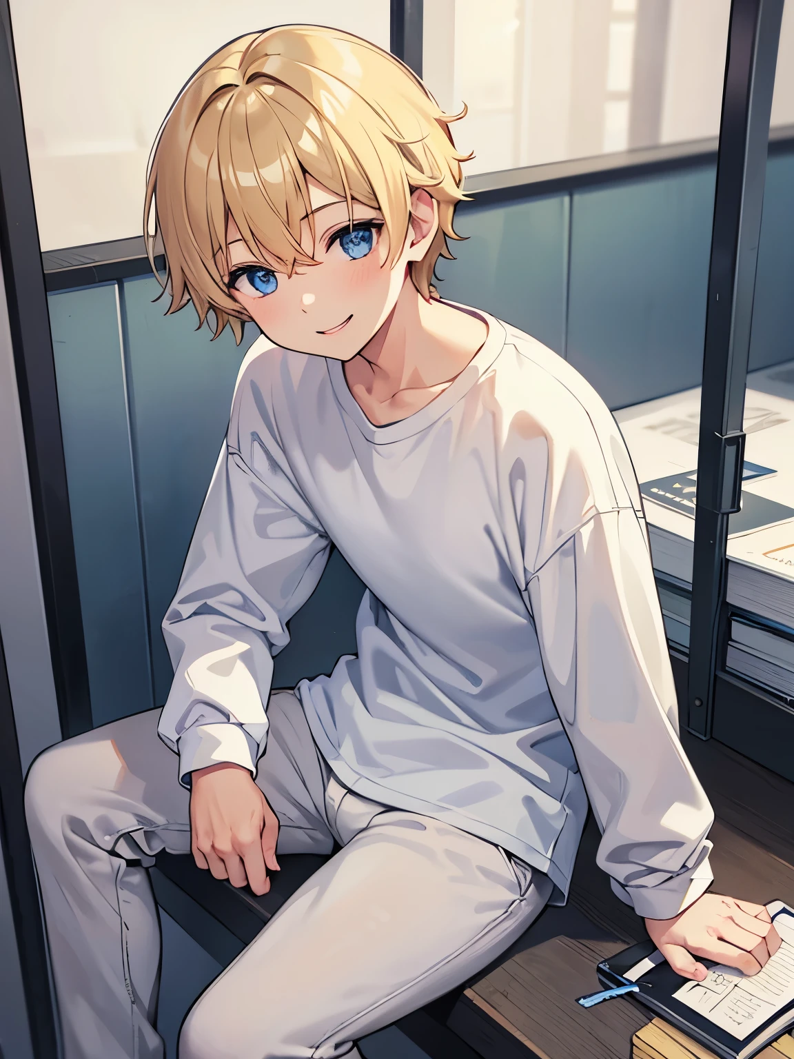 ,guy,1 years olting in a notebook, sitting,smiling,Short blonde hair,blue eyes,messy hair, wearing White long sleeve t-shirt, white shorts, Plain t-shirt,Sitting in prison,half body photo