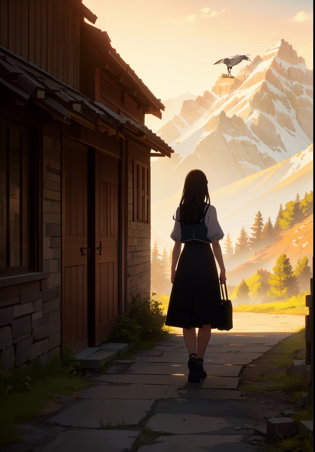 ((Anime)) ,(((Young woman))), (((Leaving the house in the mountains))), ((lonely house in the mountains:1.2)), ((only one house in the mountains:1.2)), (masterpiece:1.2), Best quality, a high resolution, unity 8k wallpaper, (illustration:1.2), (very detailed face), (Perfect hands), (Ideal Anatomy), black hair, long hair, long bangs, (confident look), Proud posture, женщина in a vest и сапогах, Going, in a vest, in a light blouse, well designed outfit, Full body shot, light vest, (Kate Middleton style clothes), (shooting from afar), (distant plan), Mountain Trail, walking along a mountain path, (about vacation), Shoulder bag, (Travnitsy&#39;s bag), (((follows the heron))), (((a heron walks along the path ahead of the girl))), (((the girl left the house behind:1.25))), (((Bright lighting))), ((the girl is well lit))