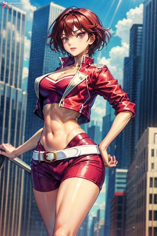 fujieda yoshino, brown hair, purple eyes, red data squat uniform, red jacket, white belt, red shorts, tall white boots, beautiful body, beautiful, hips, beautiful legs, beautiful chest in the city, mature waist. Full body shot, sexy gaze, beautiful face, beautiful eyes