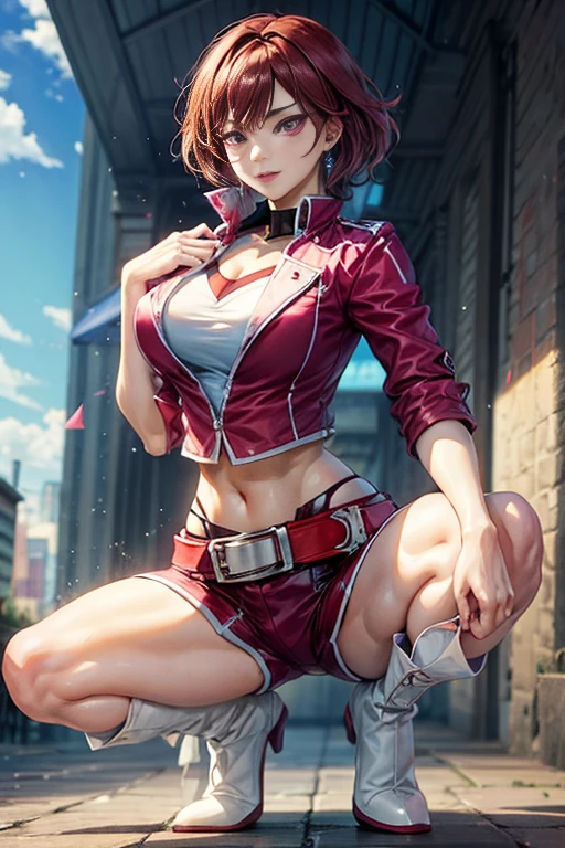 fujieda yoshino, brown hair, purple eyes, red data squat uniform, red jacket, white belt, red shorts, tall white boots, beautiful body, beautiful, hips, beautiful legs, beautiful chest in the city, mature waist. Full body shot, sexy gaze, beautiful face, beautiful eyes