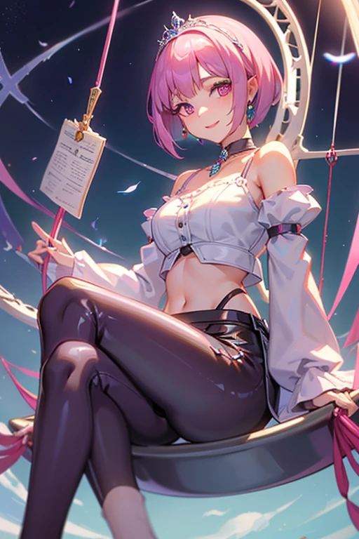 Kasane Teto　Pink Hair　Sitting with right leg raised　Holding a megaphone