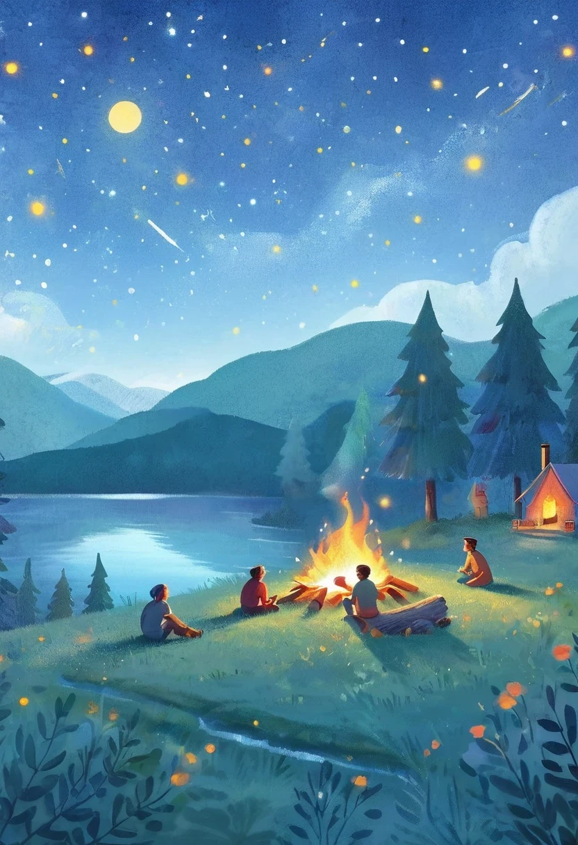 (Best quality, high resolution), Starry sky, Campfire, Crackling flame, Warm glow, Comfortable atmosphere, Enjoying the night, Sparkling stars, Camping ground, Peaceful night, Quiet beauty, Wonders of nature, Vivid colors, Hot ember, Twinkling light, Tranquil environment, Silhouette of trees, Rustling leaves, Twinkling night sky, Fresh air, Starry canopy, Amazing scenery, Cheerful laughter, Night adventure
