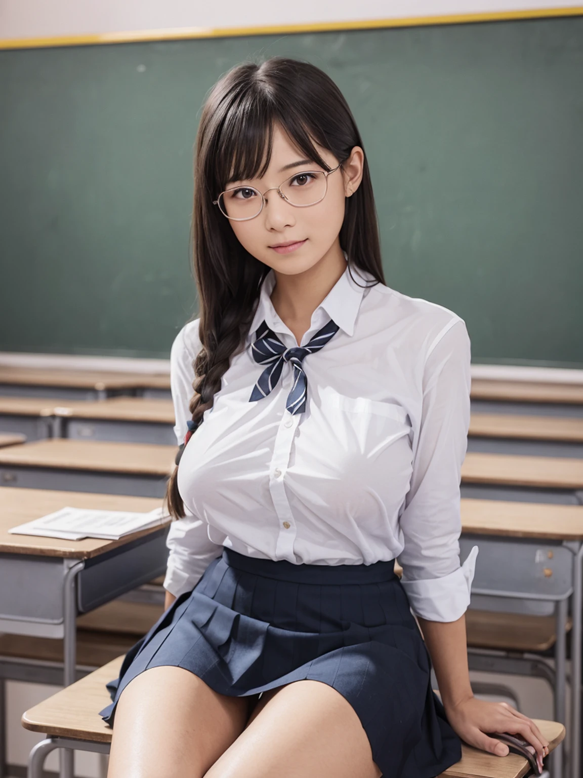 (8K,RAW Photos,highest quality,masterpiece:1.5),(Watching the audience:1.5),smile,Black Hair,(live-action:1.5),(Realistic expression:1.5),(middle School girls:1.5),(School uniform:1.5),(The background is an empty classroom:1.5),(Young face:1.5),(Big Breasts:1.5),Showing beautiful teeth,(Braid),(Glasses),(She lifts her skirt to show her vagina:1.5),(legs wide open to the sides:1.5),Short,sitting on the desk