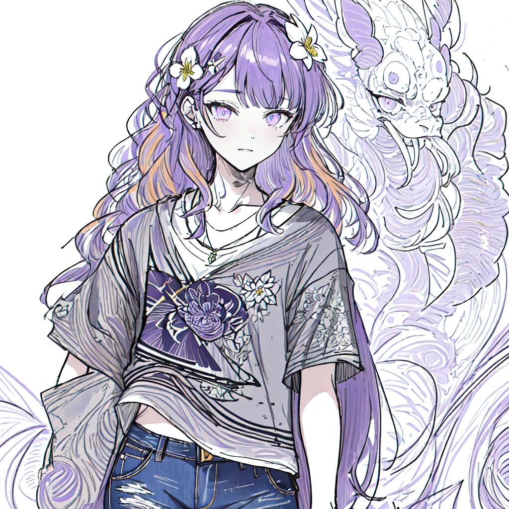  (lineart-style:1.3),watercolor:1.5,(masterpiece, best quality, ultra detailed, ultra high resolusion, highres,8k:1.4), BREAK,(from front:1.5), 20_years_old, 1giri grin, close up face,(tribal_tatoo:1.2),(wavy hairs),(messy hair),(asymmetry bangs),(multicolored hair), 
Tsurime Eyes, (((purple eyes))),
((flower hair ornament)),jeans,tanktop,