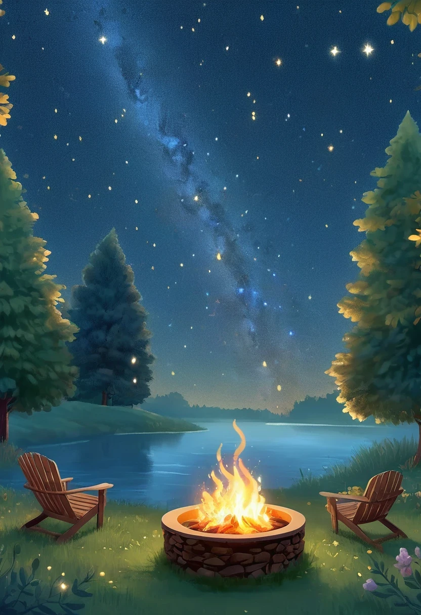 (best quality,4k,8k,highres,masterpiece:1.2),ultra-detailed,(realistic,photorealistic,photo-realistic:1.37),firepit crackling,A beautiful bonfire illuminates the night sky,flickering vibrant flames,dancing shadows,sparkling embers,serene and peaceful ambiance,a picturesque scene of a campfire under a starry night sky,camping under the stars,tranquil night with the sound of crackling fire,the warm glow of the firepit,magical campfire surrounded by nature,flickering light casting mesmerizing shadows,crackling logs,Magnificent celestial canopy adorned with countless stars,faint streaks of Milky Way,sparkling stars painting the night sky,glowing constellations,serene and vast universe,icy black night embraced by the cosmic beauty,night sky filled with twinkling wonders,Ethereal moon illuminating the darkness,enchanting night under the celestial dome,tranquil night embraced by the star-spangled sky,vibrant hues of blues, purples, and whites,piercing moonlight casting gentle shadows,softly glowing constellations,beautiful contrast between the fiery warmth and the cool night sky,luminous stars scattered across the infinite darkness,subtle shades of yellow and orange blending with the deep blues,playful fireflies joining the starry spectacle,starlight reflecting on the calm waters of a nearby lake,warmth,coziness,and a touch of mystery.