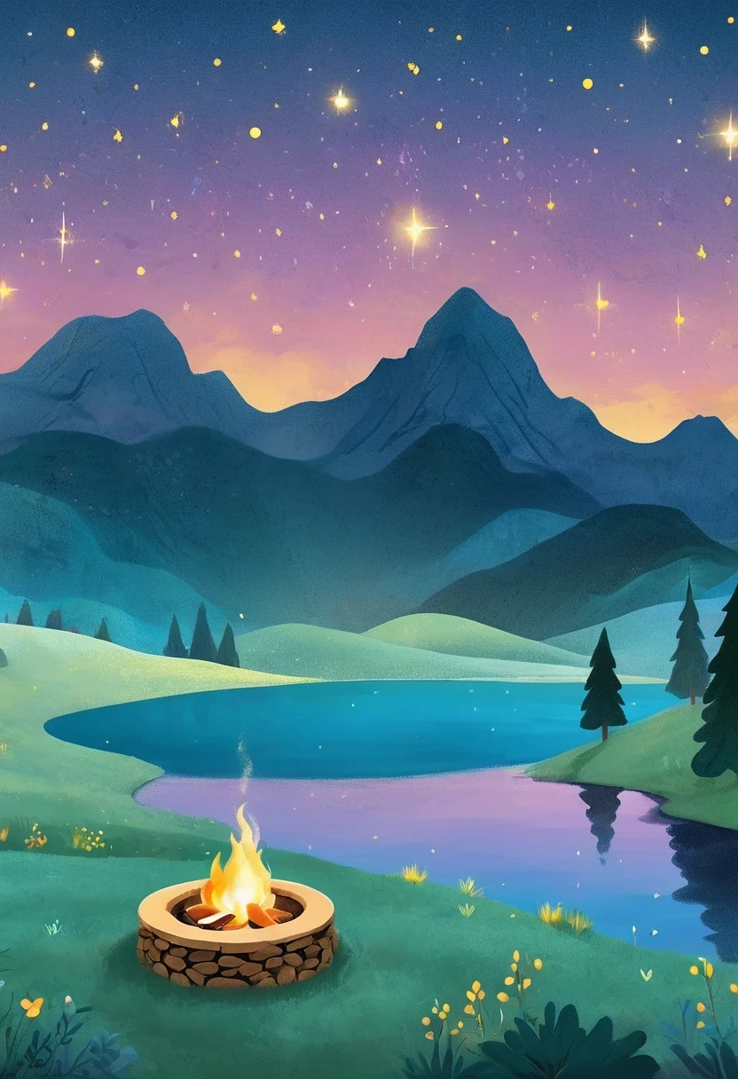 (best quality,4k,8k,highres,masterpiece:1.2),ultra-detailed,(realistic,photorealistic,photo-realistic:1.37),firepit crackling,A beautiful bonfire illuminates the night sky,flickering vibrant flames,dancing shadows,sparkling embers,serene and peaceful ambiance,a picturesque scene of a campfire under a starry night sky,camping under the stars,tranquil night with the sound of crackling fire,the warm glow of the firepit,magical campfire surrounded by nature,flickering light casting mesmerizing shadows,crackling logs,Magnificent celestial canopy adorned with countless stars,faint streaks of Milky Way,sparkling stars painting the night sky,glowing constellations,serene and vast universe,icy black night embraced by the cosmic beauty,night sky filled with twinkling wonders,Ethereal moon illuminating the darkness,enchanting night under the celestial dome,tranquil night embraced by the star-spangled sky,vibrant hues of blues, purples, and whites,piercing moonlight casting gentle shadows,softly glowing constellations,beautiful contrast between the fiery warmth and the cool night sky,luminous stars scattered across the infinite darkness,subtle shades of yellow and orange blending with the deep blues,playful fireflies joining the starry spectacle,starlight reflecting on the calm waters of a nearby lake,warmth,coziness,and a touch of mystery.