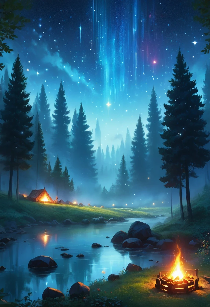 landscape, summer, night, forest, Bonfire in one place, unmanned, unmanned, Starry Sky, High definition details, Ultra Detailed, Movie, Surrealism, Soft Light, deep focus bokeh, Ray Tracing, Surrealism. , Art Station Pixiv Gees, author：Xin Haicheng, Art sprouts