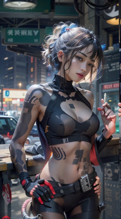 "Artistic Image NSFW (naked girl), The center of this scene is full body portrait a young very beautiful (sexy nude) Japanese girl 19 years old is a hacker full length . With a short haircut. Cyber-implants on the face and hands. Cyberpunk tattoos on the neck and arms. Short boots. Fishnet stockings. Stands full length in the middle of a dirty cyberpank city street. Drawing inspiration from Masamune Shirow, the illustration features sharp focus, smooth transitions, and an underlying watercolor aesthetic. The environment is filled with digital screens and neon lights, adding to the cyberpunk atmosphere.", 35mm, Medium Shot, Studio Lighting, Highly Detailed, Octane Render, ultra hd, realistic, vivid colors, highly detailed, UHD drawing, pen and ink, perfect composition, beautiful detailed intricate insanely detailed octane render trending on artstation, 8k artistic photography, photorealistic concept art, soft natural volumetric cinematic perfect light
