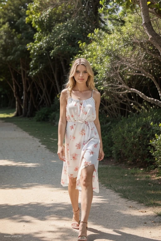 A front view of a beautiful light blonde WOMAN of 40 years old, who is filming a photo shoot for the fashion magazine Vogue. The shooting location for the model should be a picturesque outdoor landscape, a sunlit beach.A model in a bright beach dress. a masterpiece. high quality.8k