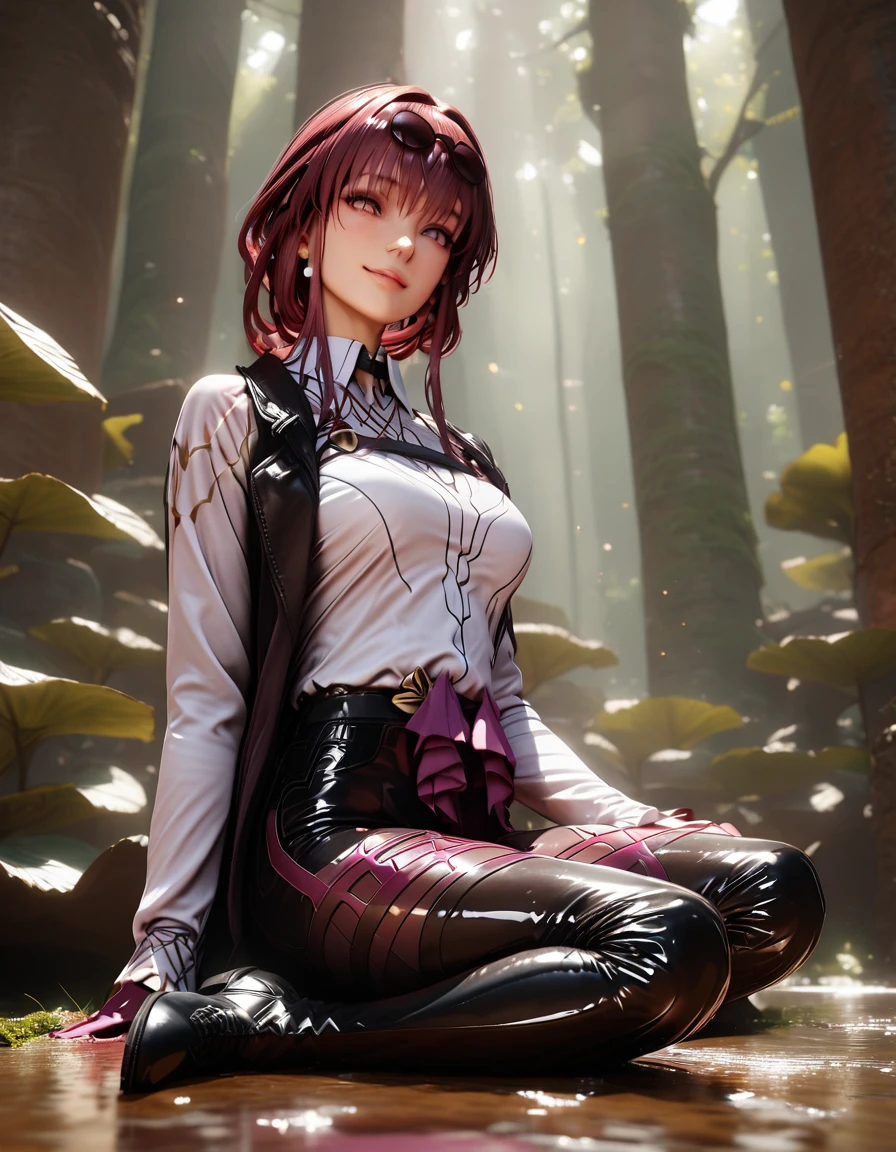 Kafka,(masterpiece, best quality:1.2), 1girl, solo,front view，anatomically correct，smile, shiny_astride,realistic，3d，Unreal Engine 5，skin texture，leggings，lotus pose，outdoor，background is jade forest，body glow，Glowing Line,Glow Example，Tracking example，flash， Backlight，translucent，light particles