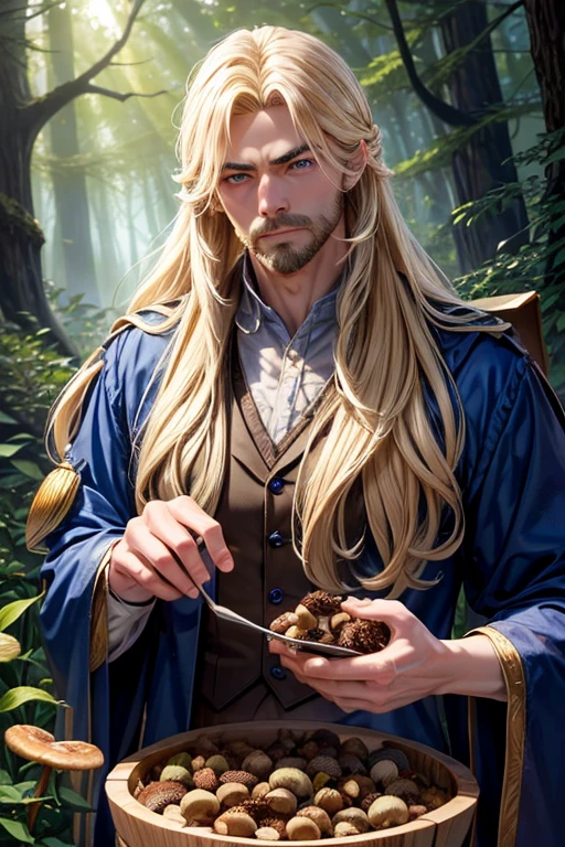 A muscular blonde haired male wizard with blue eyes with a dark beard and long hair in a student's suit is picking mushrooms in the forest
