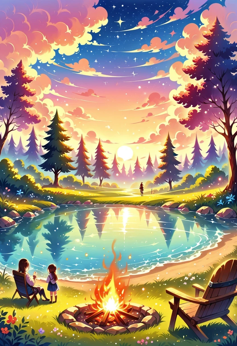 (Best quality, high resolution), Starry sky, Campfire, Crackling flame, Warm glow, Comfortable atmosphere, Enjoying the night, Sparkling stars, Camping ground, Peaceful night, Quiet beauty, Wonders of nature, Vivid colors, Hot ember, Twinkling light, Tranquil environment, Silhouette of trees, Rustling leaves, Twinkling night sky, Fresh air, Starry canopy, Amazing scenery, Cheerful laughter, Night adventure