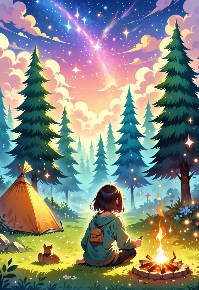 (Best quality, high resolution), Starry sky, Campfire, Crackling flame, Warm glow, Comfortable atmosphere, Enjoying the night, Sparkling stars, Camping ground, Peaceful night, Quiet beauty, Wonders of nature, Vivid colors, Hot ember, Twinkling light, Tranquil environment, Silhouette of trees, Rustling leaves, Twinkling night sky, Fresh air, Starry canopy, Amazing scenery, Cheerful laughter, Night adventure