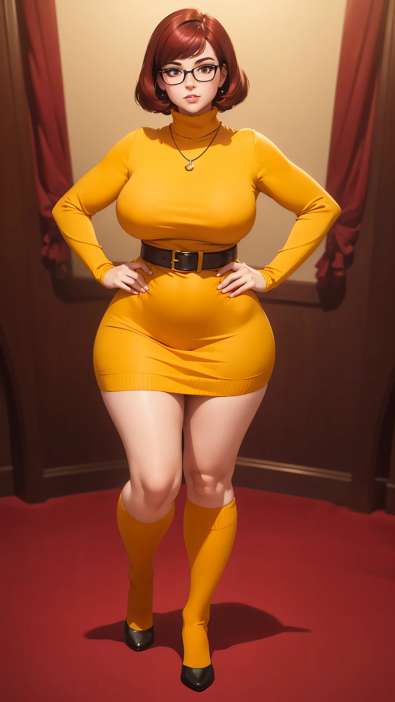 ((masterpiece, best quality, ultra-detailed, ultra-HD, photorealistic, cinematic)), (wide camera shot, full body view:1.5), (sensual pose, standing), (alluring and voluptuous female as Velma Dinkley:1.2), perfect anatomy, perfect face, proportioned hands, (deep shade of auburn with a slight natural wave hair color, chin-length bob with blunt bangs hairstyle:1.3), (retro-chic style outfit, knee-length and maroon turtleneck dress:1.2), (a matching maroon belt that cinches at her waist:1.2), (thick-framed black square glasses), (wears knee-high, mustard-yellow socks that peek out just above her brown, sensible lace-up shoes), (sports a delicate, gold pendant necklace), (vibrant orange cardigan slung over her shoulders), ((dynamic background))