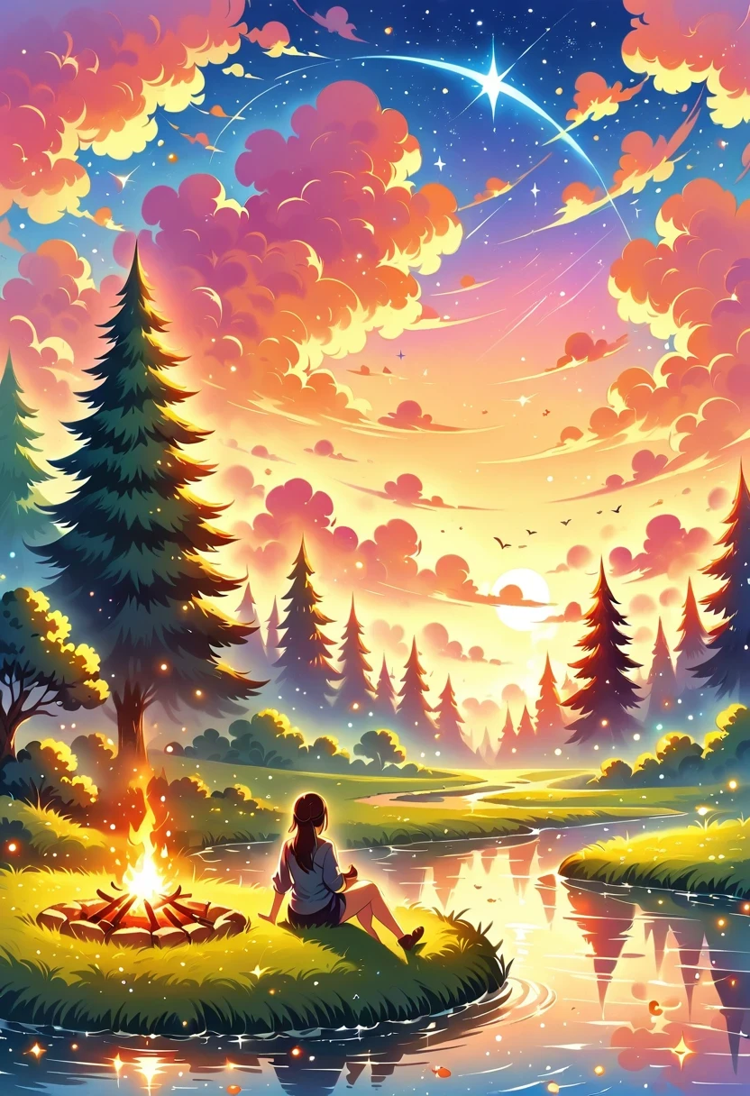 (Best quality, high resolution), Starry sky, Campfire, Crackling flame, Warm glow, Comfortable atmosphere, Enjoying the night, Sparkling stars, Camping ground, Peaceful night, Quiet beauty, Wonders of nature, Vivid colors, Hot ember, Twinkling light, Tranquil environment, Silhouette of trees, Rustling leaves, Twinkling night sky, Fresh air, Starry canopy, Amazing scenery, Cheerful laughter, Night adventure