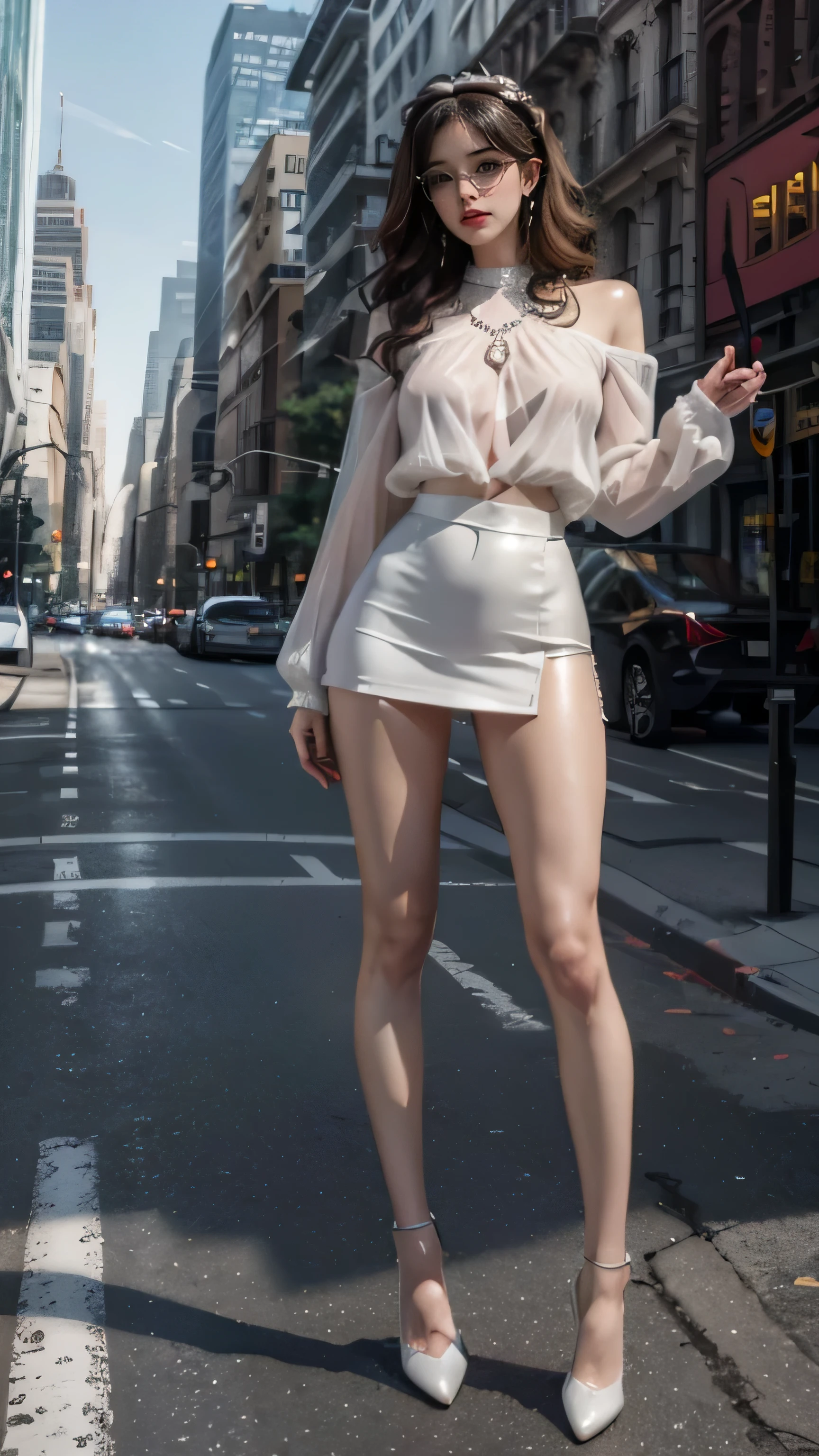 High detail , slight depth of field ,Daisy ridley, (27 years old),in a busy new york street, people watching in background,wearing short white dress ,on the floor,exposing nipple ,exposing pussy ,bottomless  , looking at viewer, holding legs open ,large pussy , nsfw