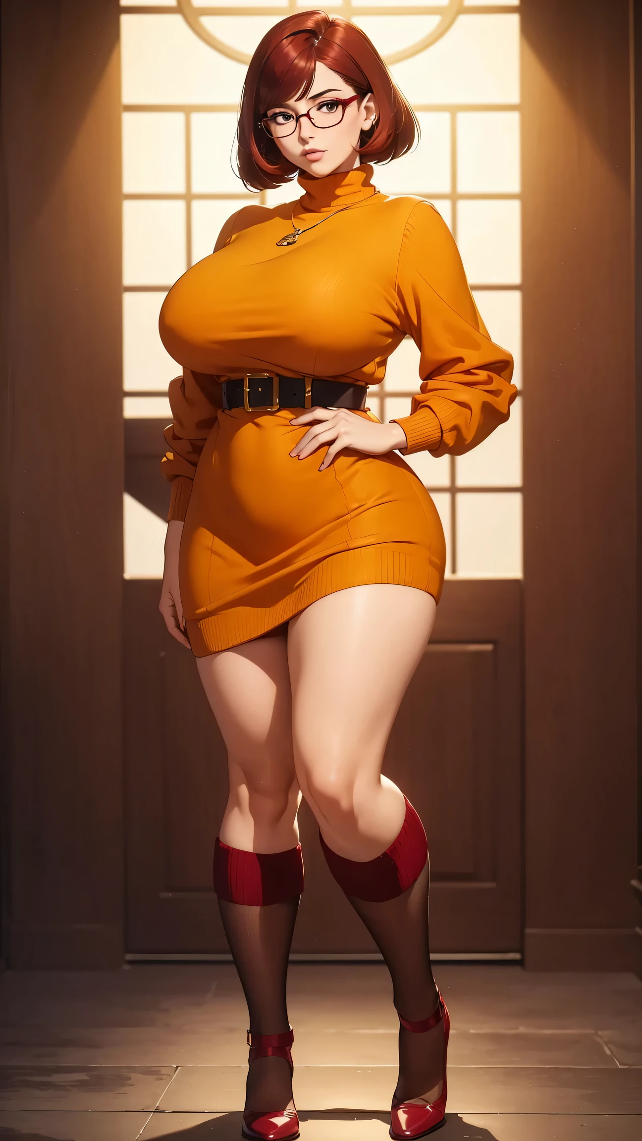 ((masterpiece, best quality, ultra-detailed, ultra-HD, photorealistic, cinematic)), (wide camera shot, full body view:1.5), (sensual pose, standing), (alluring and voluptuous female as Velma Dinkley:1.2), perfect anatomy, perfect face, proportioned hands, (deep shade of auburn with a slight natural wave hair color, chin-length bob with blunt bangs hairstyle:1.3), (retro-chic style outfit, knee-length and maroon turtleneck dress:1.2), (a matching maroon belt that cinches at her waist:1.2), (thick-framed black square glasses), (wears knee-high, mustard-yellow socks that peek out just above her brown, sensible lace-up shoes), (sports a delicate, gold pendant necklace), (vibrant orange cardigan slung over her shoulders), ((dynamic background))