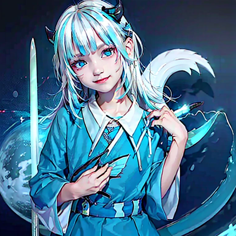 masterpiece,best quality,ultra detailed,4K,super fine illustration,highly detailed beautiful face and eyes,cyan color scheme, lighting,fantasy,extremely solemn atmosphere,(traditional maid collared shirt:1.3),long skirt,glowing eyes,long hair,hairs between eyes, crossed bangs,smirk,fighting stance,dynamic pose,(holding glowing sword:1.3),particle light,luminescence,plasma,electric current,blue flame,sense of depth,dynamic angle, 1girl, Smile, Devil's Horns, Devil's Wings,