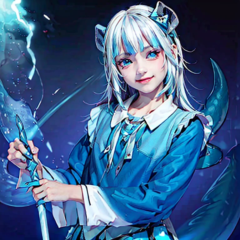 masterpiece,best quality,ultra detailed,4K,super fine illustration,highly detailed beautiful face and eyes,cyan color scheme, lighting,fantasy,extremely solemn atmosphere,(traditional maid collared shirt:1.3),long skirt,glowing eyes,long hair,hairs between eyes, crossed bangs,smirk,fighting stance,dynamic pose,(holding glowing sword:1.3),particle light,luminescence,plasma,electric current,blue flame,sense of depth,dynamic angle, 1girl, Smile, Devil's Horns, Devil's Wings,